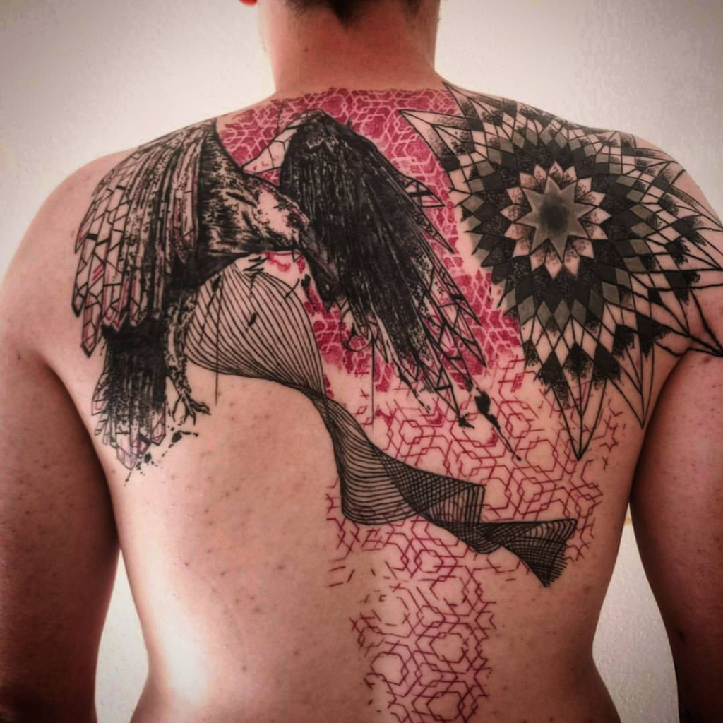 Raven sketch tattoo geometric