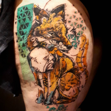 avant-garde watercolor fox tattoo geometric